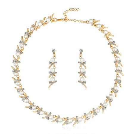 SHOPFIVE Fashion Imitation Pearl Necklace Earrings Set Gold-color Wedding Hair Jewelry Trade Drop Shipping Women Costume Jewelry