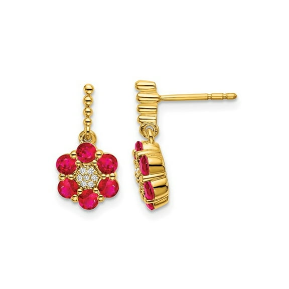 1.05 Carat (Ctw) Ruby Flower Earrings in 14K Yellow Gold with Accent Diamonds for Women