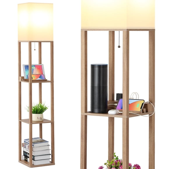 Lámpara de estante SHINE HAI, 160 cm, madera, 3, toma de corriente USB tipo C