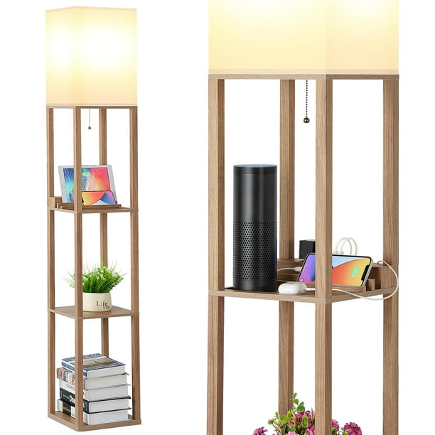Lámpara de estante SHINE HAI, 160 cm, madera, 3, toma de corriente USB tipo C