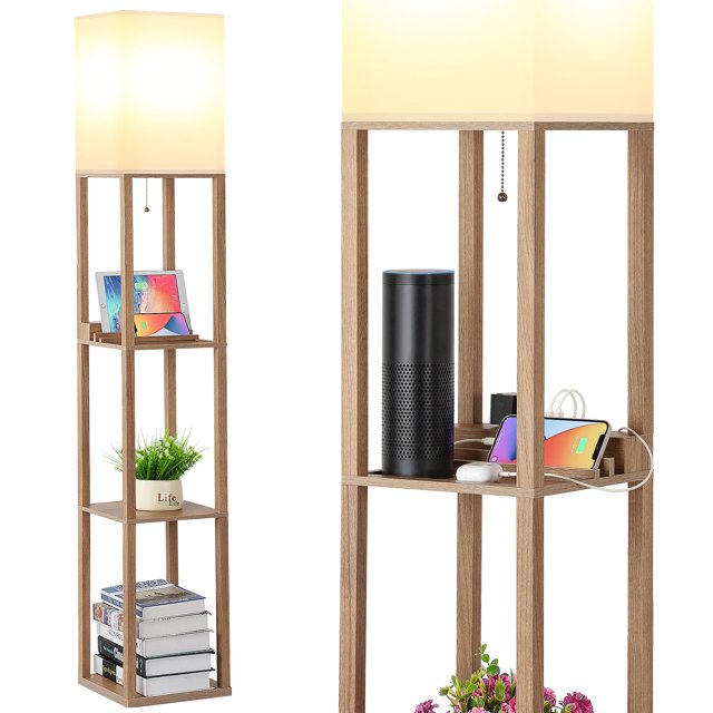 Lámpara de estante SHINE HAI, 160 cm, madera, 3, toma de corriente USB tipo C