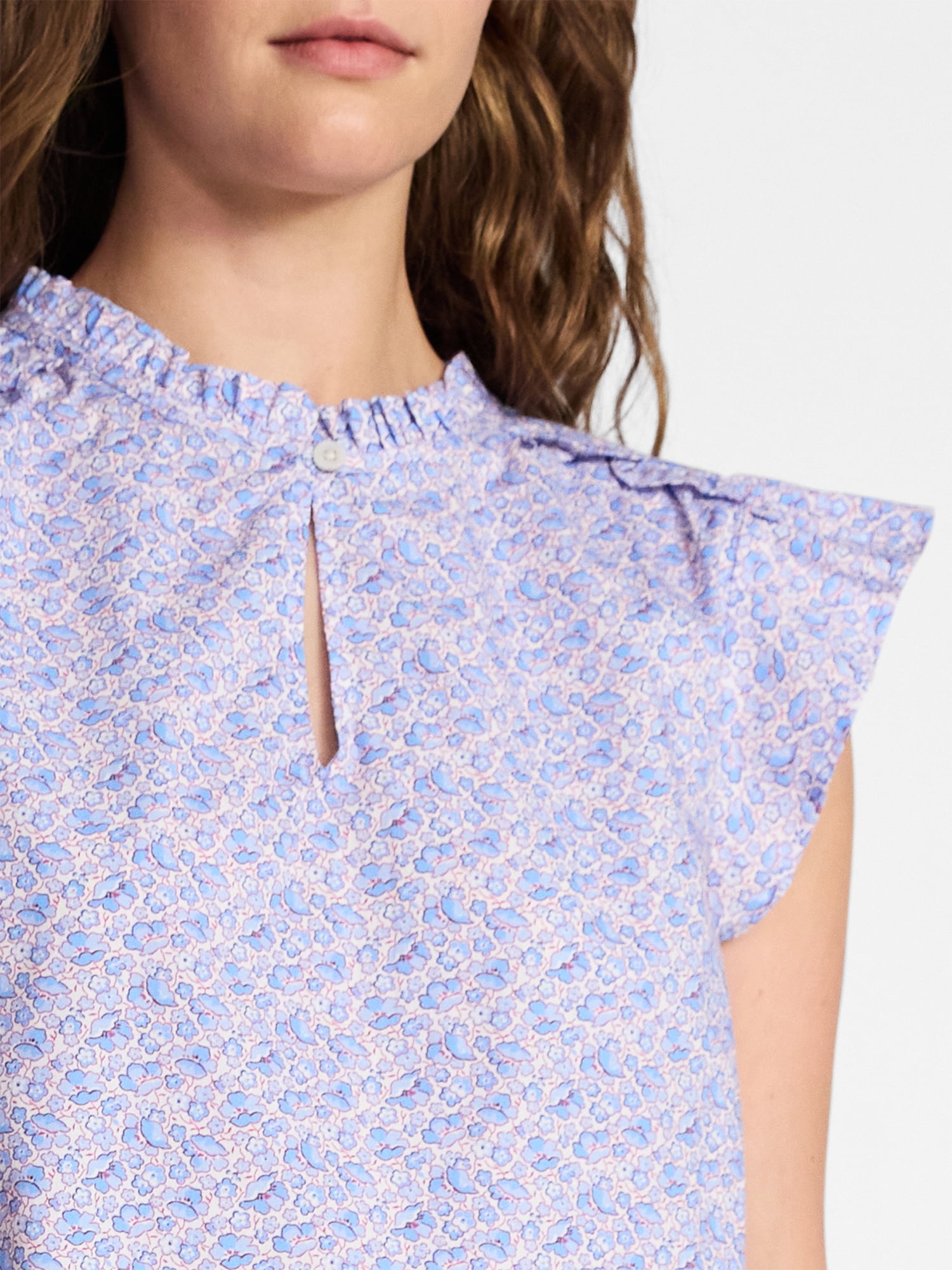 Time and Tru Women's Cotton Split Neck Top with Flutter Sleeves, Sizes XS-XXXL