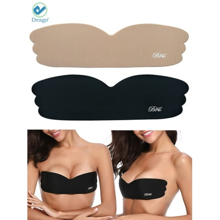 Deago Women s Backless Strapless Push Up Bra Silicone Self Adhesive Invisible Bras (Cup C/D  Black+Skin)