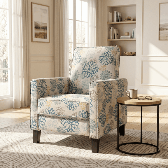 Push Back Recliner Chair, Upholstered Armchair with Adjustable Backrest and Footrest, Living Room Lounge Chair with Solid Wood Legs