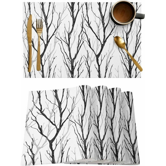 Abstract Contemporary Branch Placemats Set of 4,Washable Woven Burlap Cloth Fabric Placemat for Square/Rectangle/Round/Oval Dining Table,Easy Clean Place Mats for Kids Black Tree Minimalist White