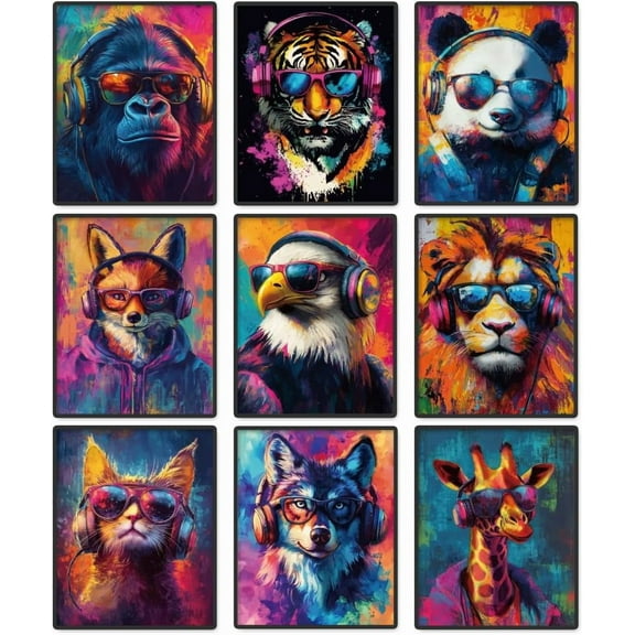 9 Pack Unframed Waterproof Colorful Graffiti Animals Canvas Wall Art Decor 8 x 10 Inch Gamer Earphone Animal Canvas Wall Poster Lion Tiger Panda Dog Poster for Home Game Room Decor