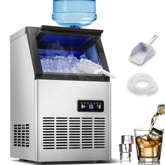 Commercial Ice Maker 120lb Stainless Steel Bar Restaurant Built-in Ice Cube Machine 120LBS/24H Commercial Ice Maker Machine, Freestanding Stainless Steel with Adjustable Ice Thickness & LCD Control,4