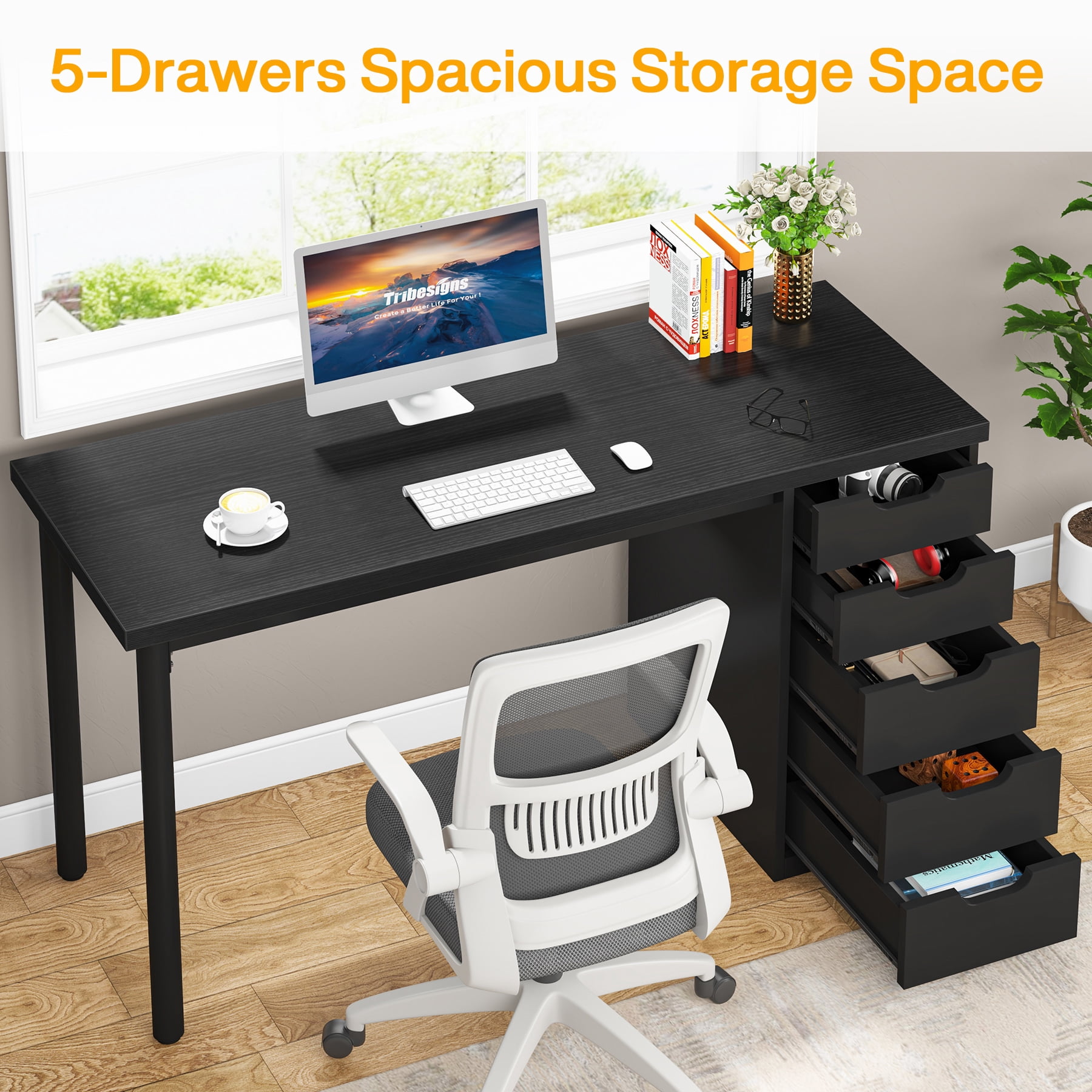 Fnova 47.24" Computer Desk with 5 Drawers, Reversible File Cabinet, Writing Workstation for Home Office Bedroom Study Makeup Vanity Desk Furniture
