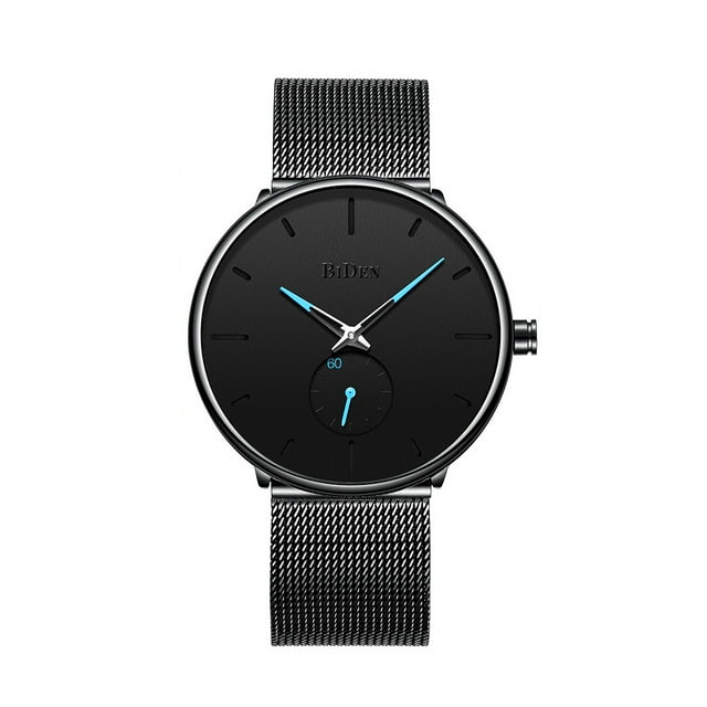 BIDEN BIDEN Minimalist Mesh Stainless Steel Men's Watch - 40mm Large Dial, Quartz Movement, Waterproof, Black, Boxed