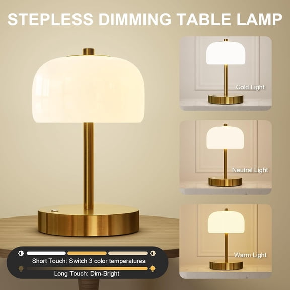 2-Pack 9" Gold Mushroom Table Lamps Cordless Glass Touch   Hot Sale 3-Way Stepless Dimming, Rechargeable Small Nightlight for Bedroom Dining Living Room Decor