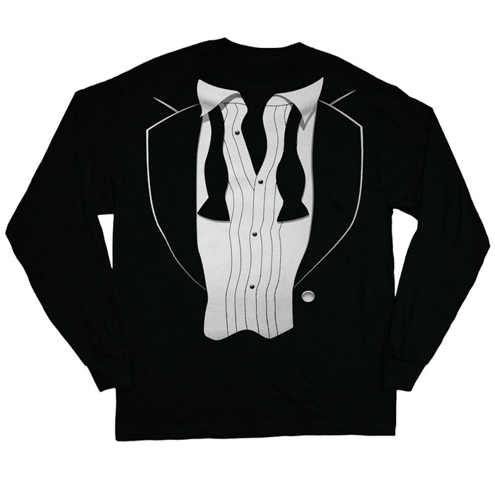 Decked Out Duds Loose Tie Tuxedo Tshirt Men's Long Sleeve Tee Black
