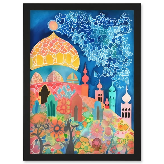 Islamic Mosque At Night Folk Art Watercolour Painting Artwork Framed Wall Art Print A4