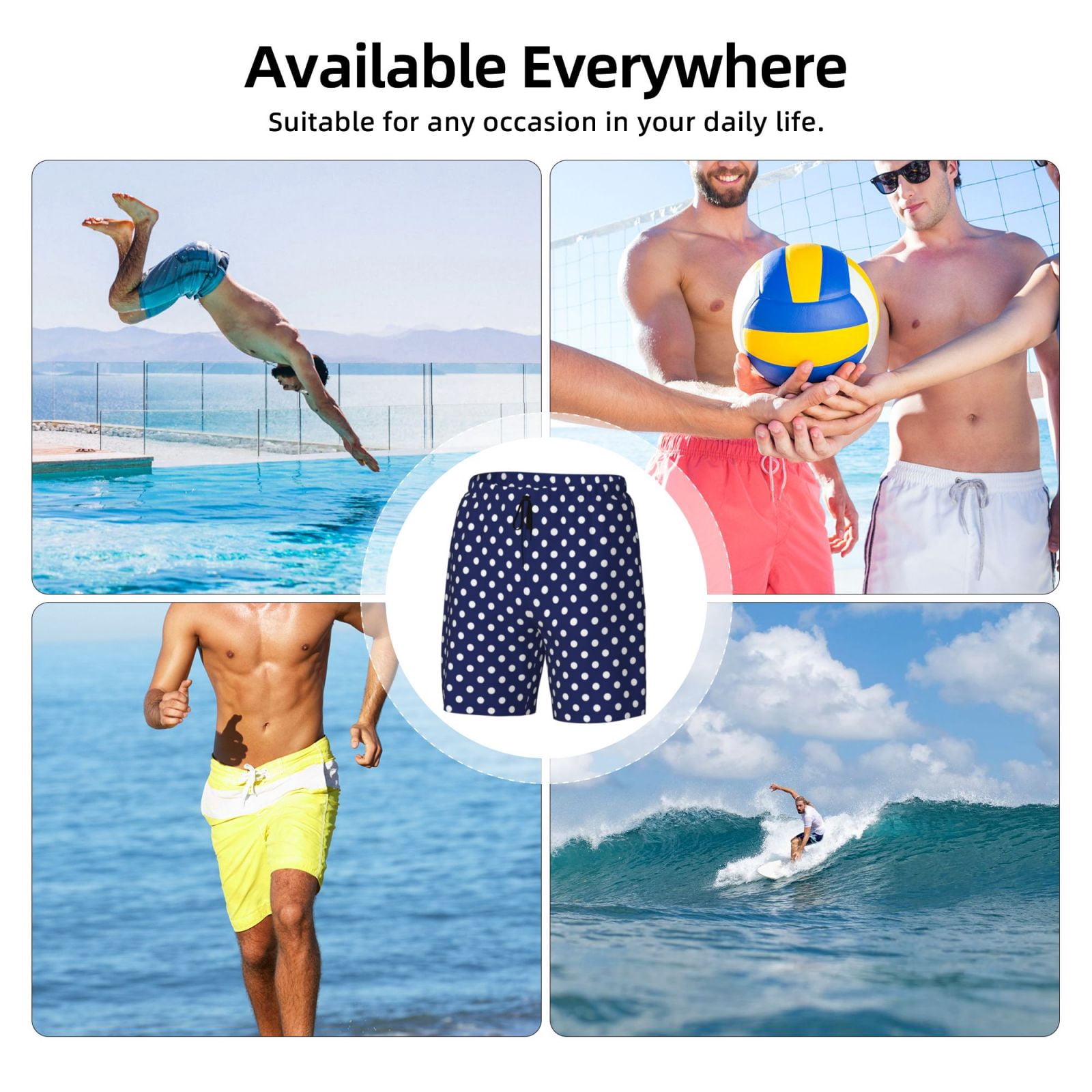 Men's Deep Blue And White Dots Swim Trunks with Compression Liner Bathing Suit Swimwear