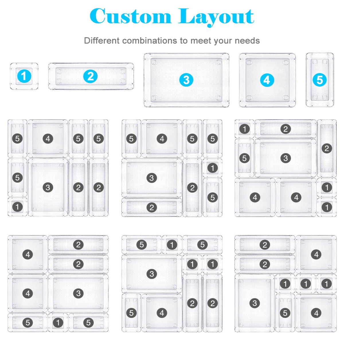 LeaderPro 32 Pcs Drawer Organizer with 5 Sizes Clear Desk Drawer Dividers Plastic Storage Containers
