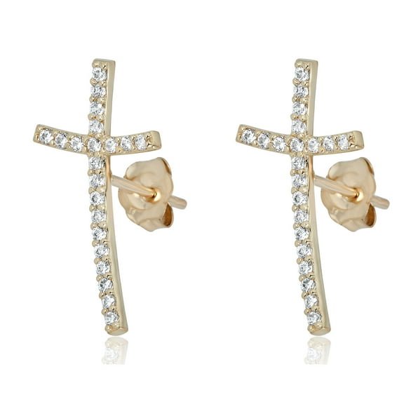 AVORA 10K Yellow Gold Simulated Diamond CZ Cross Crawler Climber Earrings