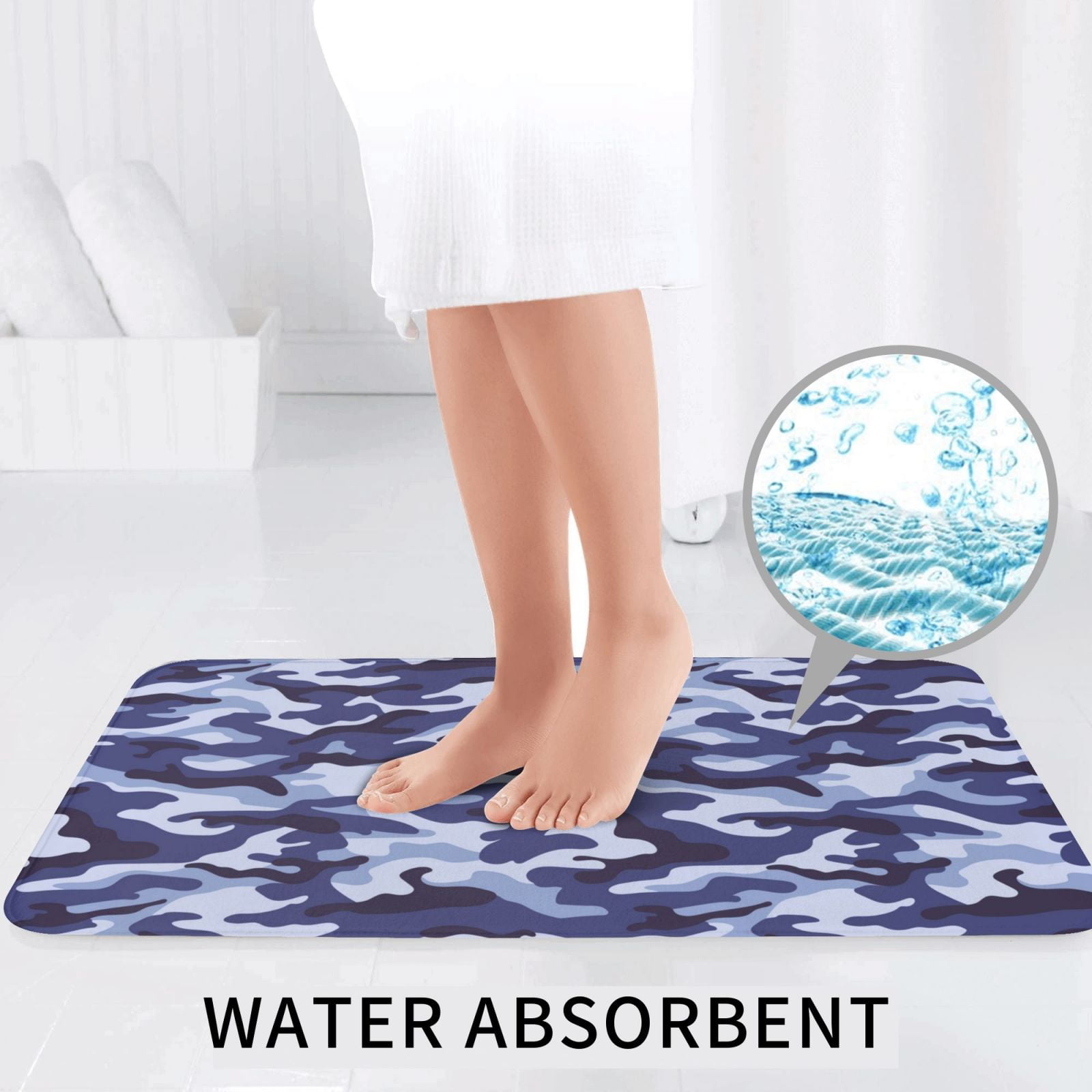 Bathroom Rugs Sets 3 Piece - Camouflage Blue Absorbent Non Slip Bath Mats, U-Shape Toilet Lid Cover, Contour Mat, Soft Washable Shower Mats Bath Rug Mat for Bathroom Tub Toilet