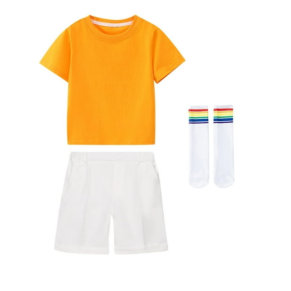 Girls First Day of School Outfits Set Casual Short Sleeve Tees Shorts Rainbow Socks Cotton Summer Going Out Clothes 7 Years, Orange