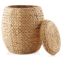 Round Storage Basket with Lid - Natural, Handwoven Water Hyacinth Organizer for Laundry, Blankets, Plants, Bedroom, Living Room, Home Office