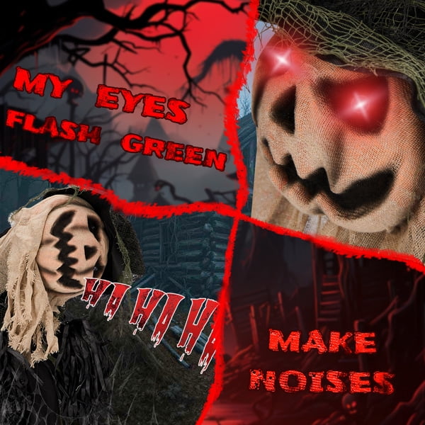 5.7FT Animatronics Wizard with Pumpkin Face Sound-Activated Moving Head Red Eyes for Halloween Haunted House