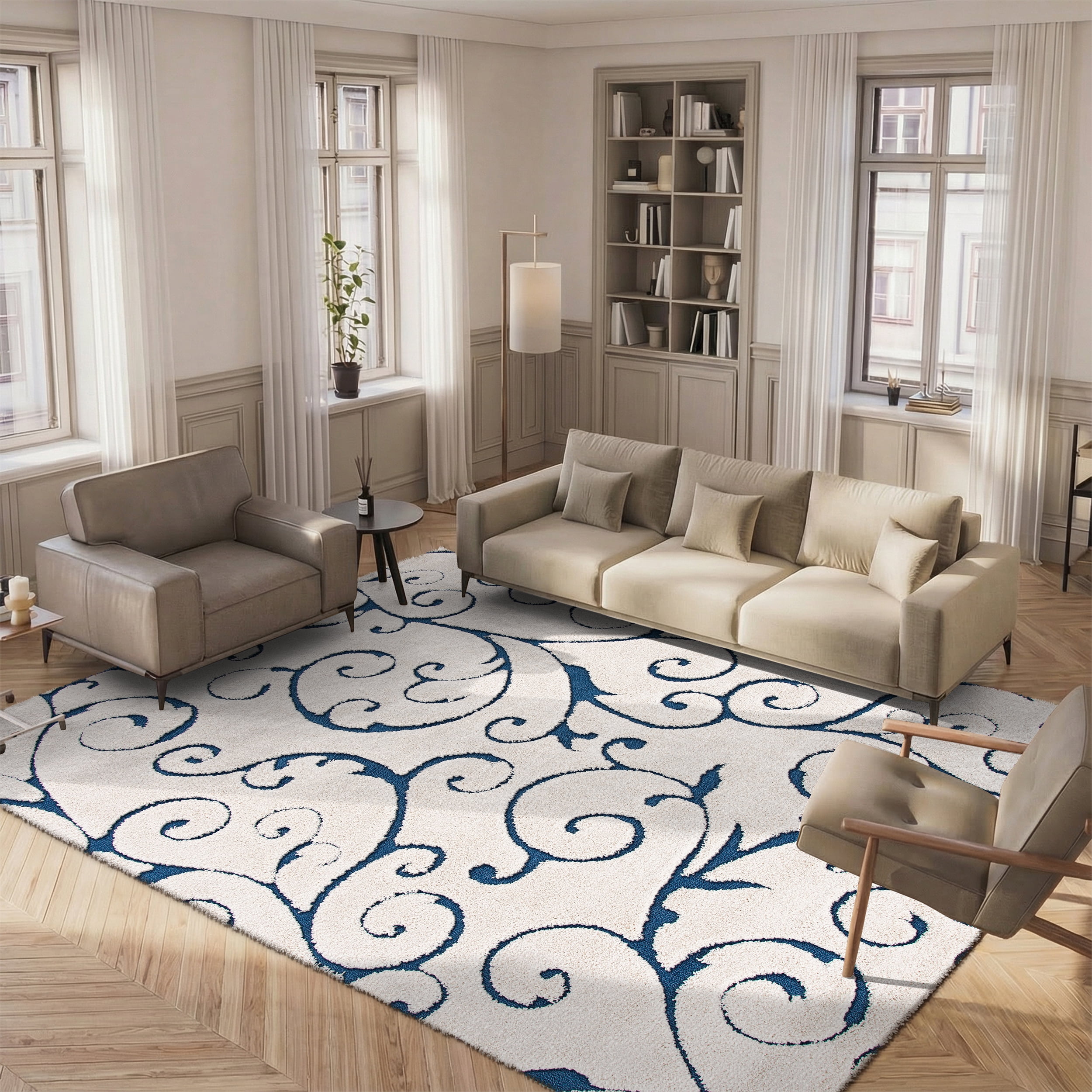 SAFAVIEH Florida Doug Floral Vines Geometric Shag Area Rug, Cream/Blue, 2'3" x 4' - Transitional Modern Design, Cream & Blue, Non-Shedding & Easy Cleaning, Ultra Plush Thick Pile, Ideal for Living Ro