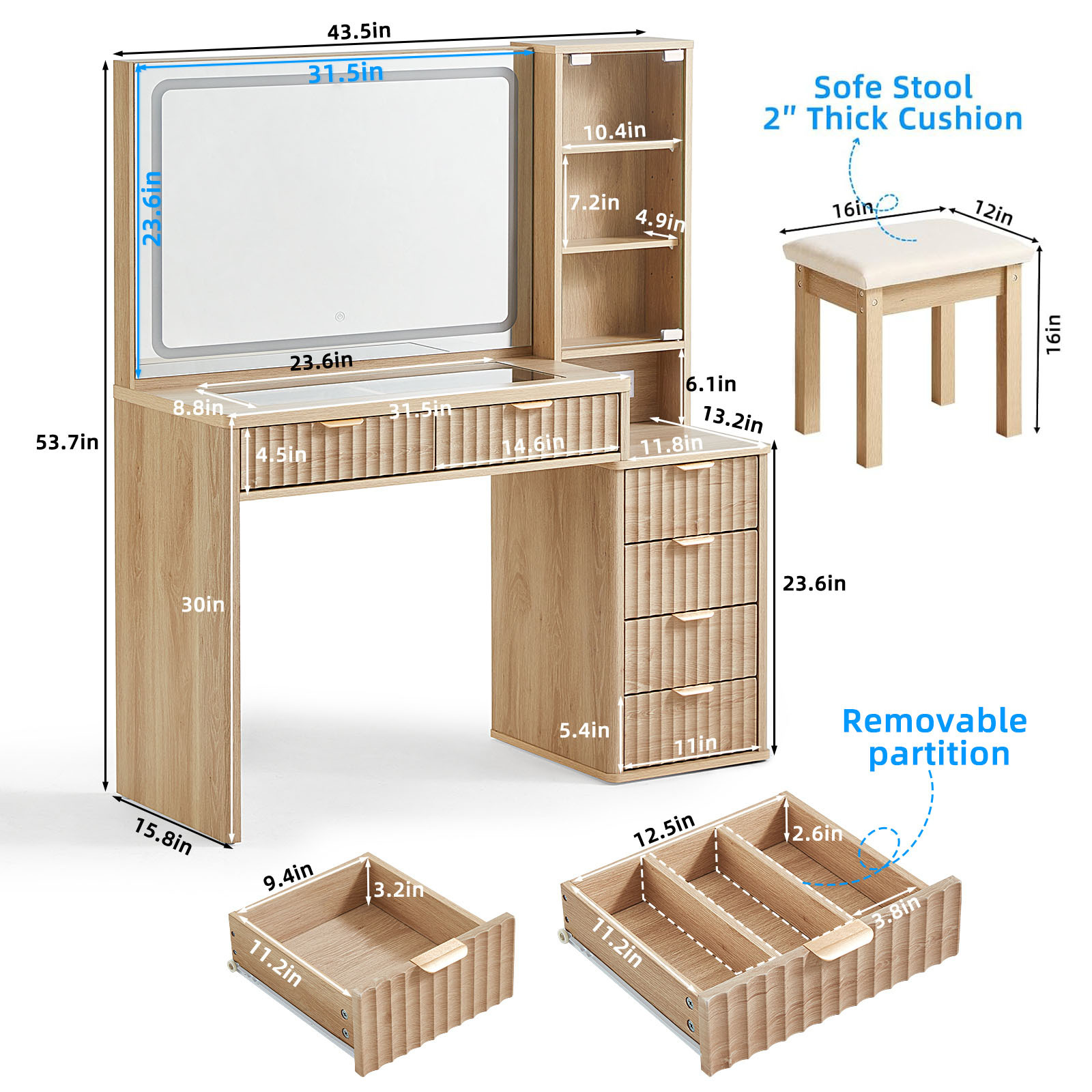43.5" Fluted Vanity Desk with Mirror and Lights and Power Outlet, Makeup Vanity with Large Desktop & Drawers, Vanity Set with Stool for Bedroom, Natural Wood
