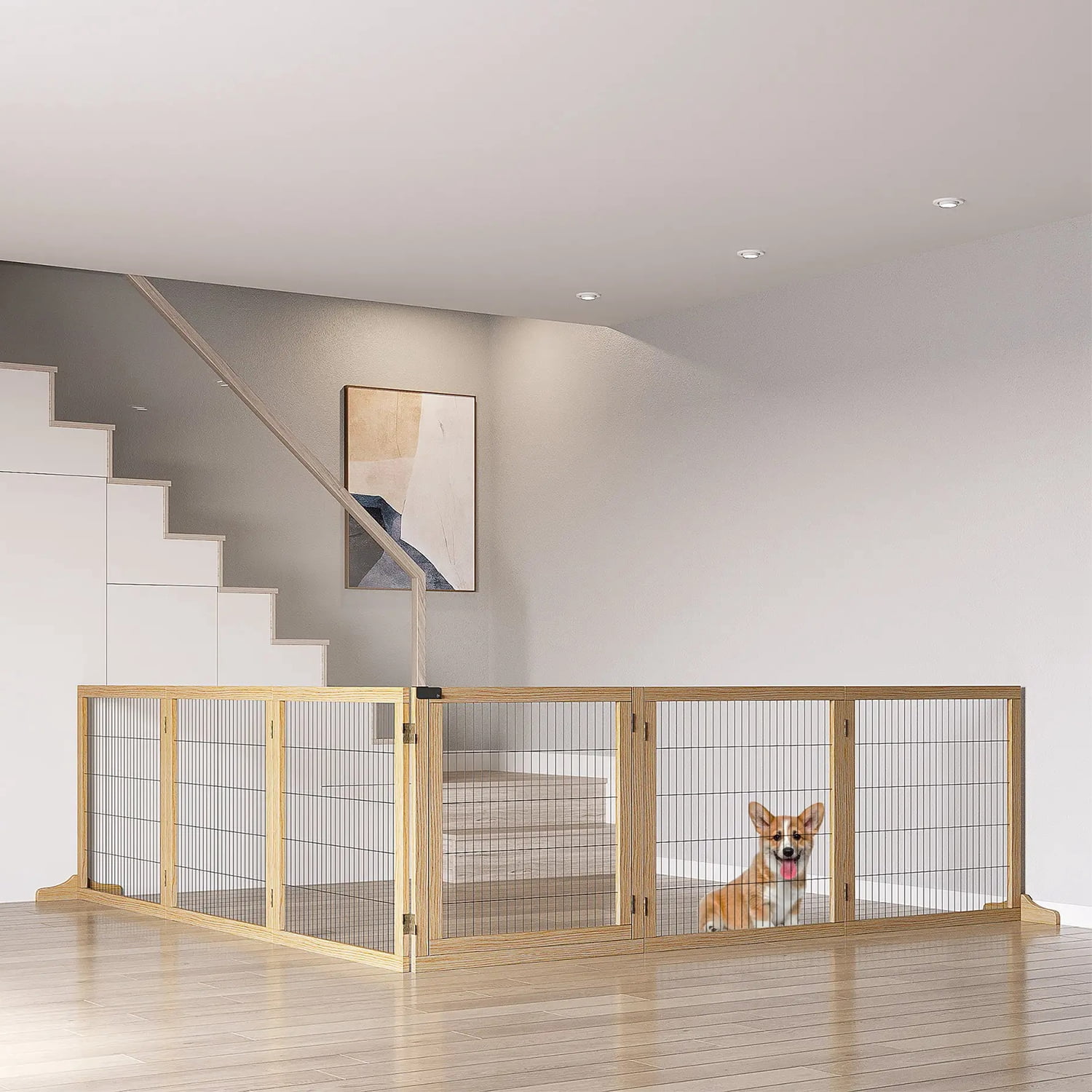 Pefilos 170" Wide Folding Pet Gate, 32" Tall No-Assembly Wood Dog Gate with Door Walk Through, Freestanding Wire Pet Gate, Pet Puppy Safety Fence, Beige