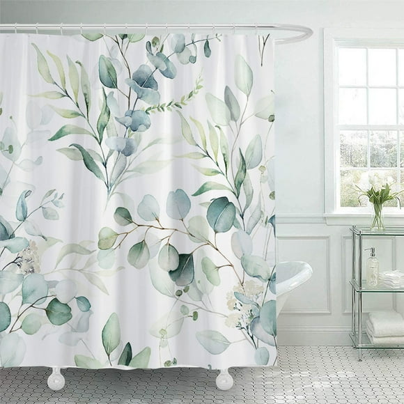 Dvkptbk Shower Curtain Green Floral Shower Curtain Modern Plants Botanical Fabric Cloth Shower Curtains for Elegant Bathroom Decor Watercolor Eucalypt with 12 Hooks Bathroom Accessories