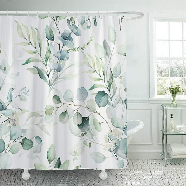 Xihbxyly Liquidación de Ropa de Mujer Cortina de Ducha con Diseño Floral Verde, Plantas Modernas, Tela Botánica, Cortinas de Ducha para Elegante Decoración de Baño, Acuarela, Eucalipto, con 12 Gancho