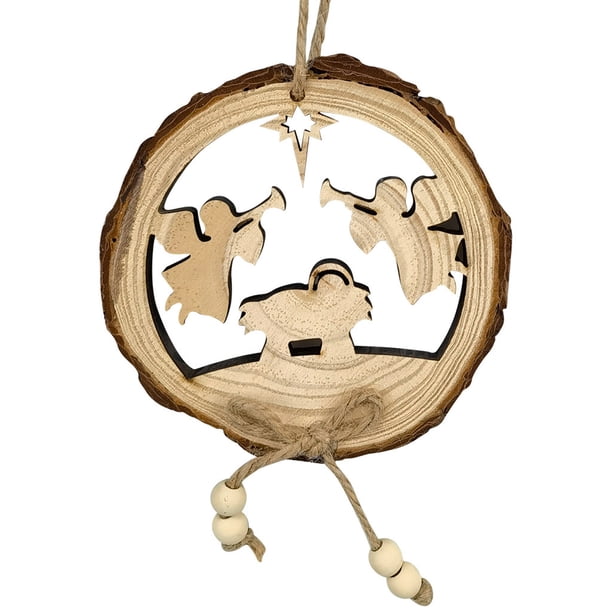 Christmas Wood With Leather, Wood Round Carved Pendants, Home Wooden Crafts, Christmas Tree Pendants