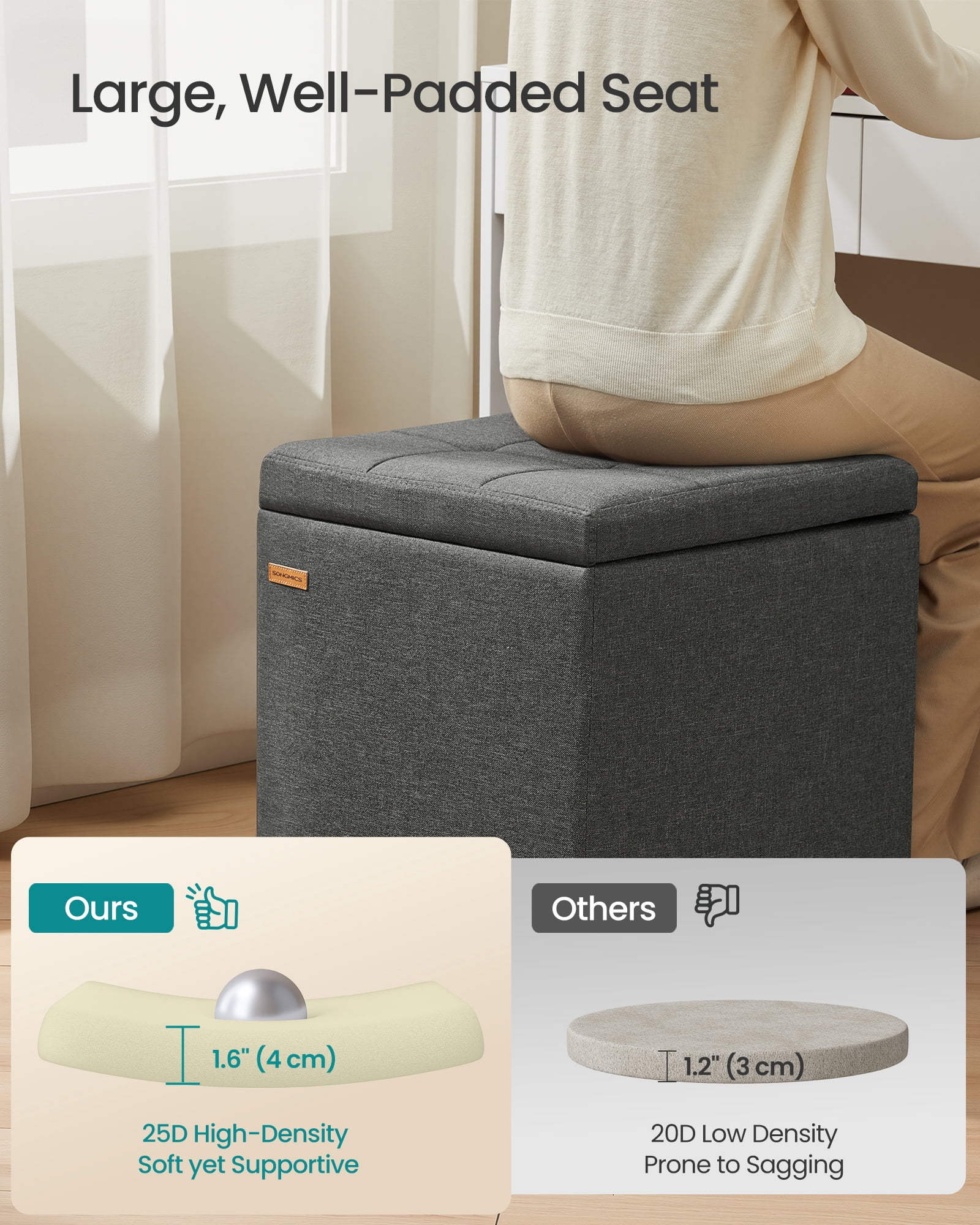 SONGMICS Square Storage Ottoman, Foot Stool Footrest, Ottoman Cube with Hinged Lid, 16.9 x 16.9 x 18.1 Inches, Linen-Look Fabric, Slate Gray