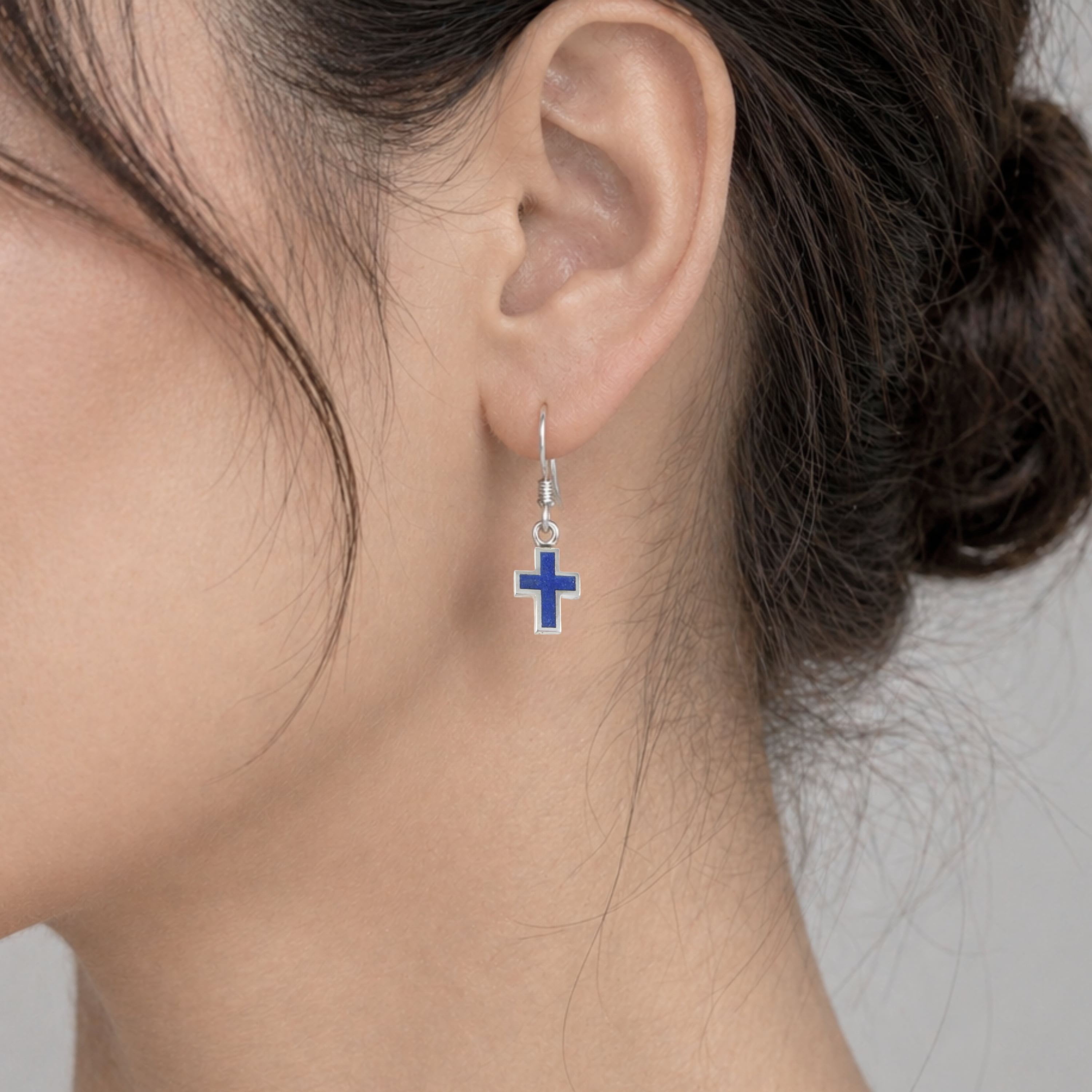Echmeck 925 Sterling Silver Blue Lapis Lazuli Cross Dangle Earrings for Women - Handmade