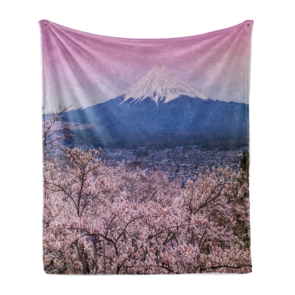 Mountain Soft Flannel Fleece Throw Blanket, Spring Season Picturesque of Cherry Blossoms Sakura Pink Violet Tones, Cozy Plush for Indoor and Outdoor Use, 60" x 80", Lilac and Multicolor, by Ambesonne