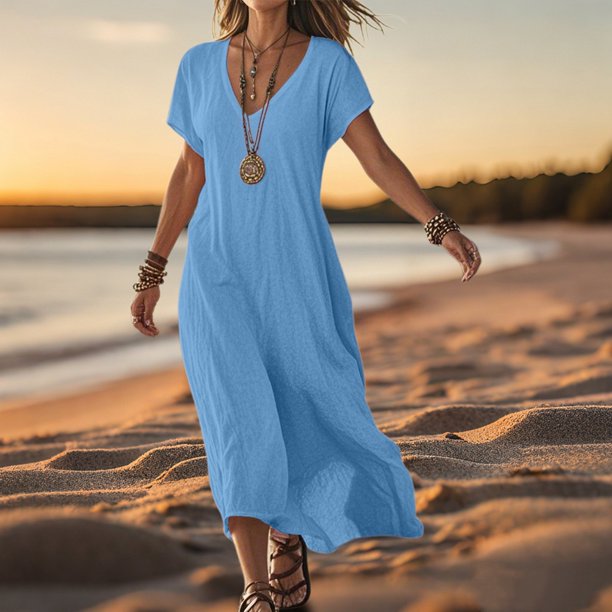 WILLBEST Vestido De Verano Para Mujer, Vestido Informal Holgado De Lino Con Cuello En V Y Manga Corta, Vestido De Día Cómodo De Color Sólido