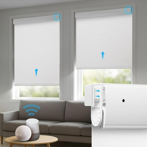 Motorized Blinds,No Drill Automatic Blinds,Cordless Roller Shade,Electric Blinds for Indoor Windows, Grasscloth Fabric,Compatible with Alexa/Google,White,52.5" W x 56" H