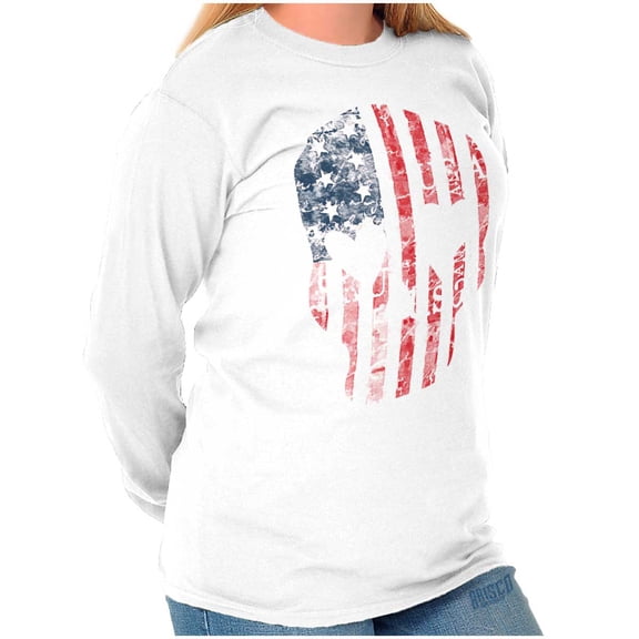Cute Distressed American Flag Skull Women Plus Size Long Sleeve Graphic Tee Brisco Brands 2X