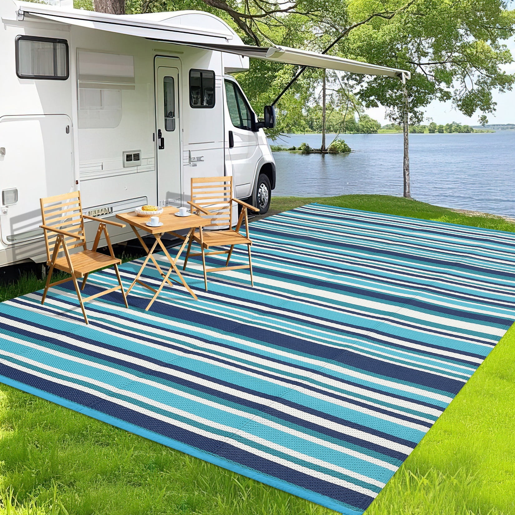 Nanan 9x18 Waterproof Outdoor Patio Rug, Reversible Plastic Straw Mat, Modern Striped Patio Carpet for RV, Camping, Balcony, Poolside & Garden, Blue/Multi