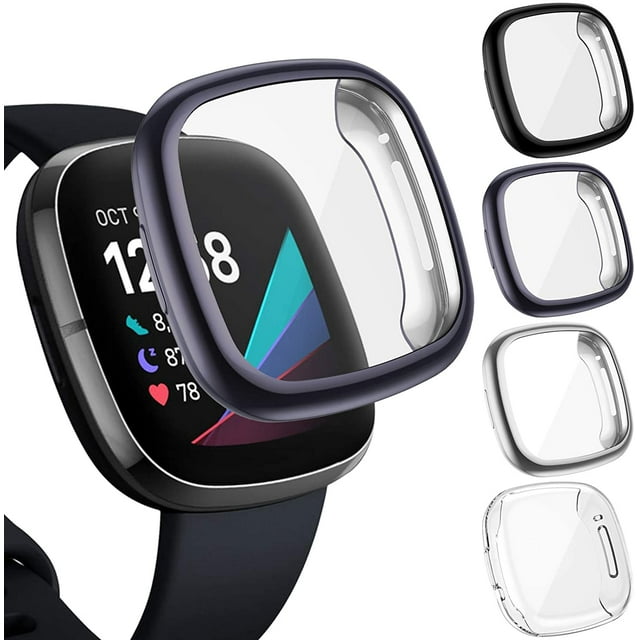 4-Pack Screen Protector Case Compatible with Fitbit Sense/Versa 3, Full Coverage Soft TPU Protective Screen Cover Saver Bumper for Sense Smartwatch (Black/Charcoal/Silver/Clear)