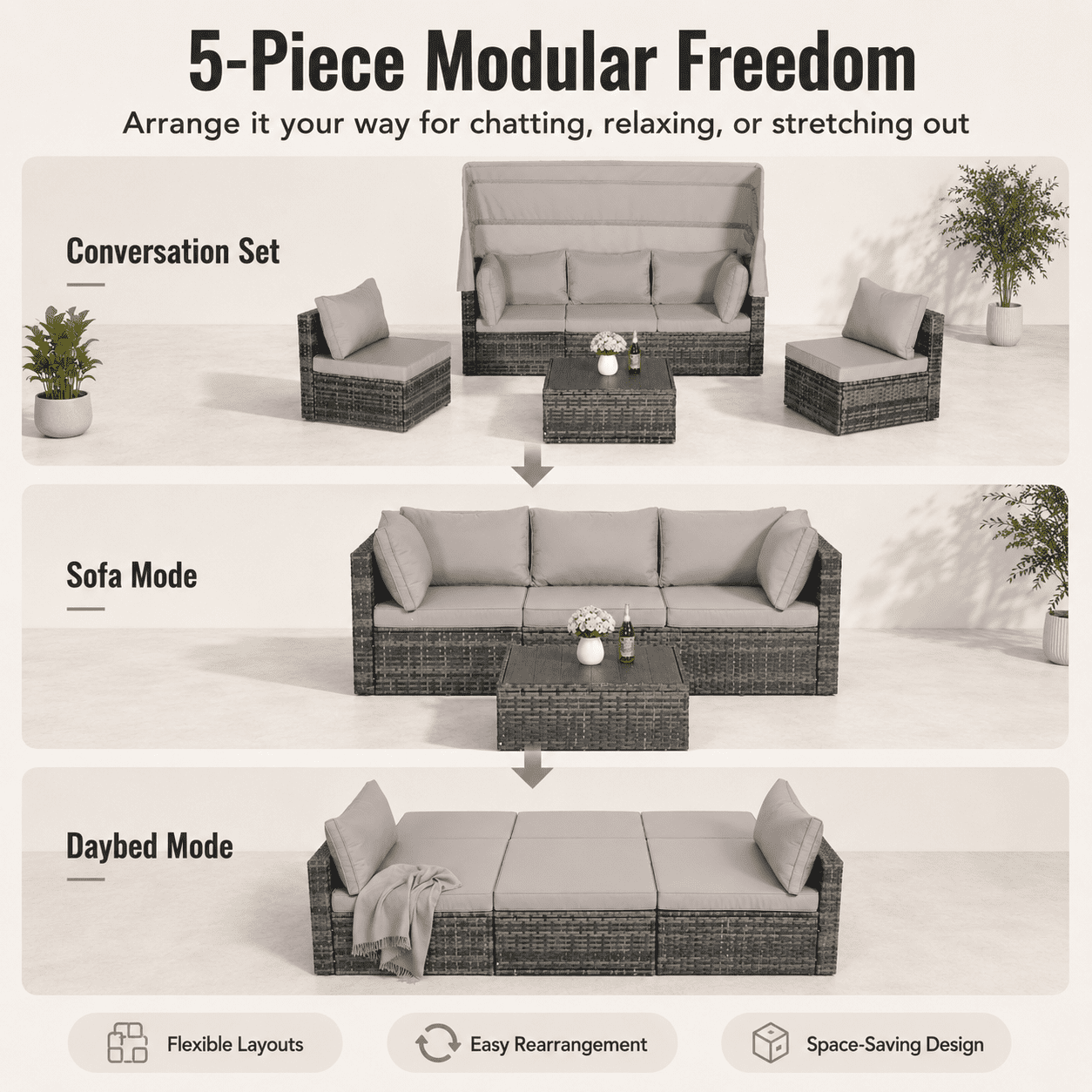 Outdoor Wicker Patio Furniture Set, 5-Piece Sectional Sofa with Canopy Daybed, All-Weather Rattan Conversation Set with Cushions & Table for Backyard Garden Poolside