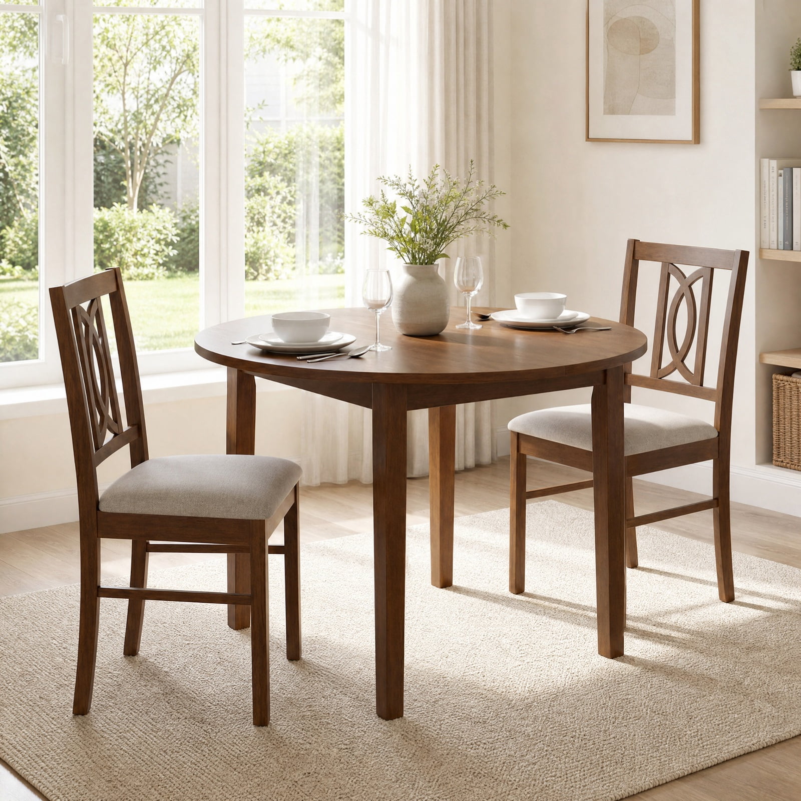 Furnibear Wooden Dining Chairs Set of 2 Rubber Wood Dining Room Chairs with Hollowed Backrest and Padded Faux Linen Seat, Walnut