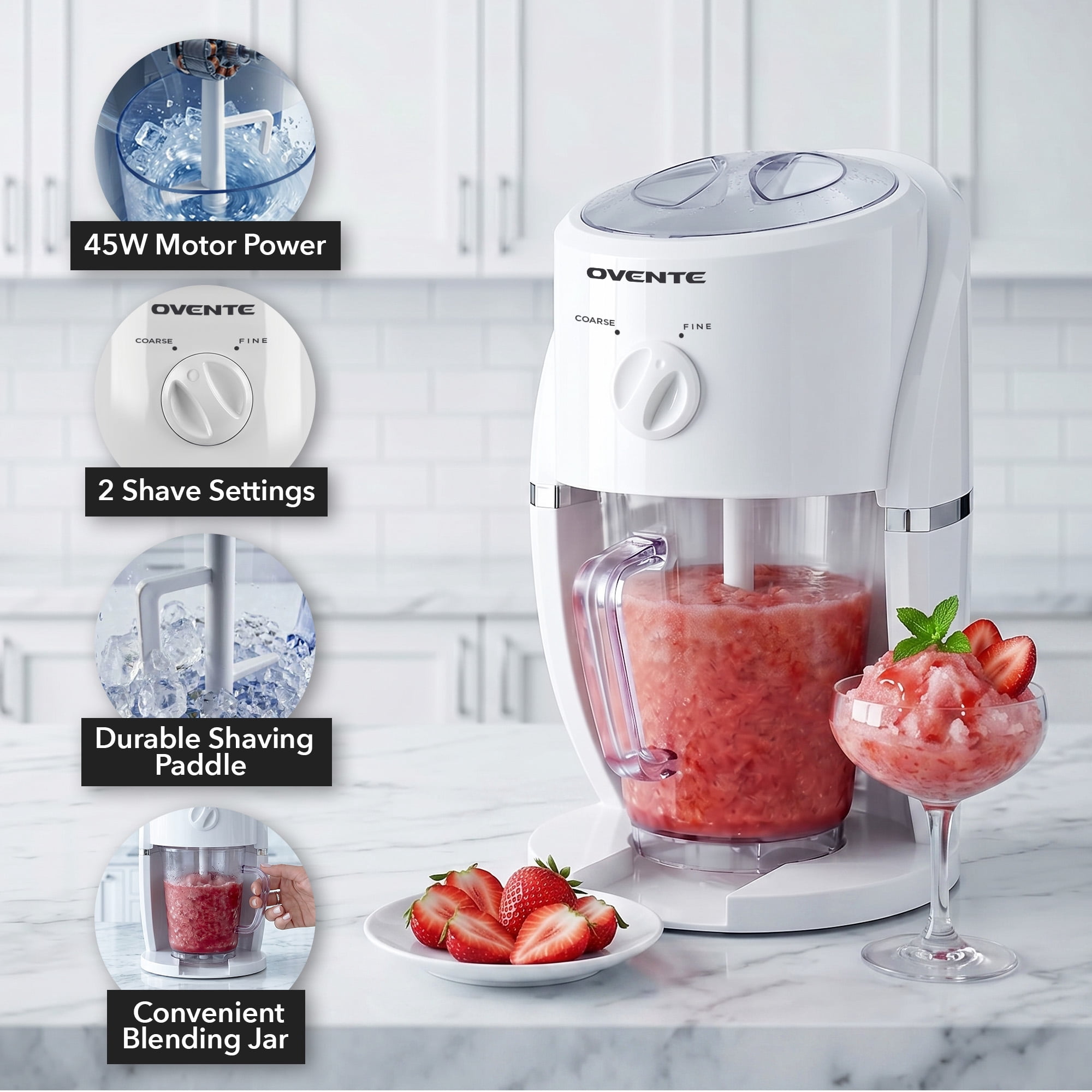 OVENTE Electric Shaved Ice Machine, 2 Shaving Settings, 45W, White ICR2037W | With Blending Jar/Serving Pitcher, Easy-to-Use Slushy & Snow Cone Maker for Homemade Treats, Frozen Cocktails & More