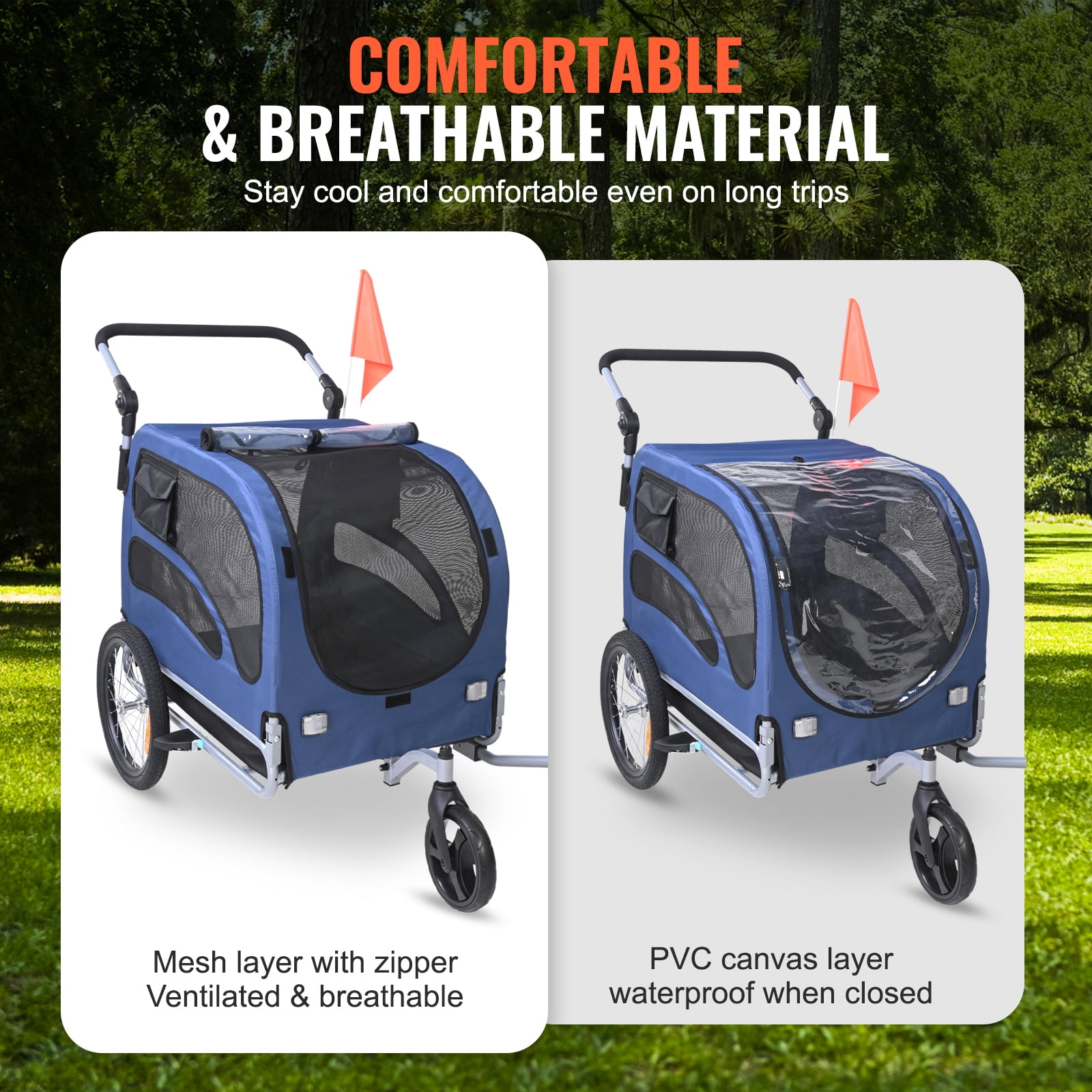 KFFKFF Pet Bike Trailer, Up to 100 lbs Capacity, Dual-Function Dog Stroller and Bike Carrier, Foldable Frame with Snap-On Wheels, Fits All Bikes, Includes Safety Flag and Reflectors, Blue/Black