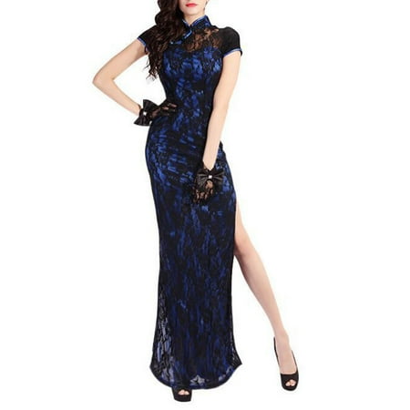 

Lohuatrd Women Cheongsam Chinese Style Traditional Vintage Double-layered Lace Short Sleeve High Split Ankle Length Slim Fit Patchwork Stand Collar Hollow Out Lady Qipao