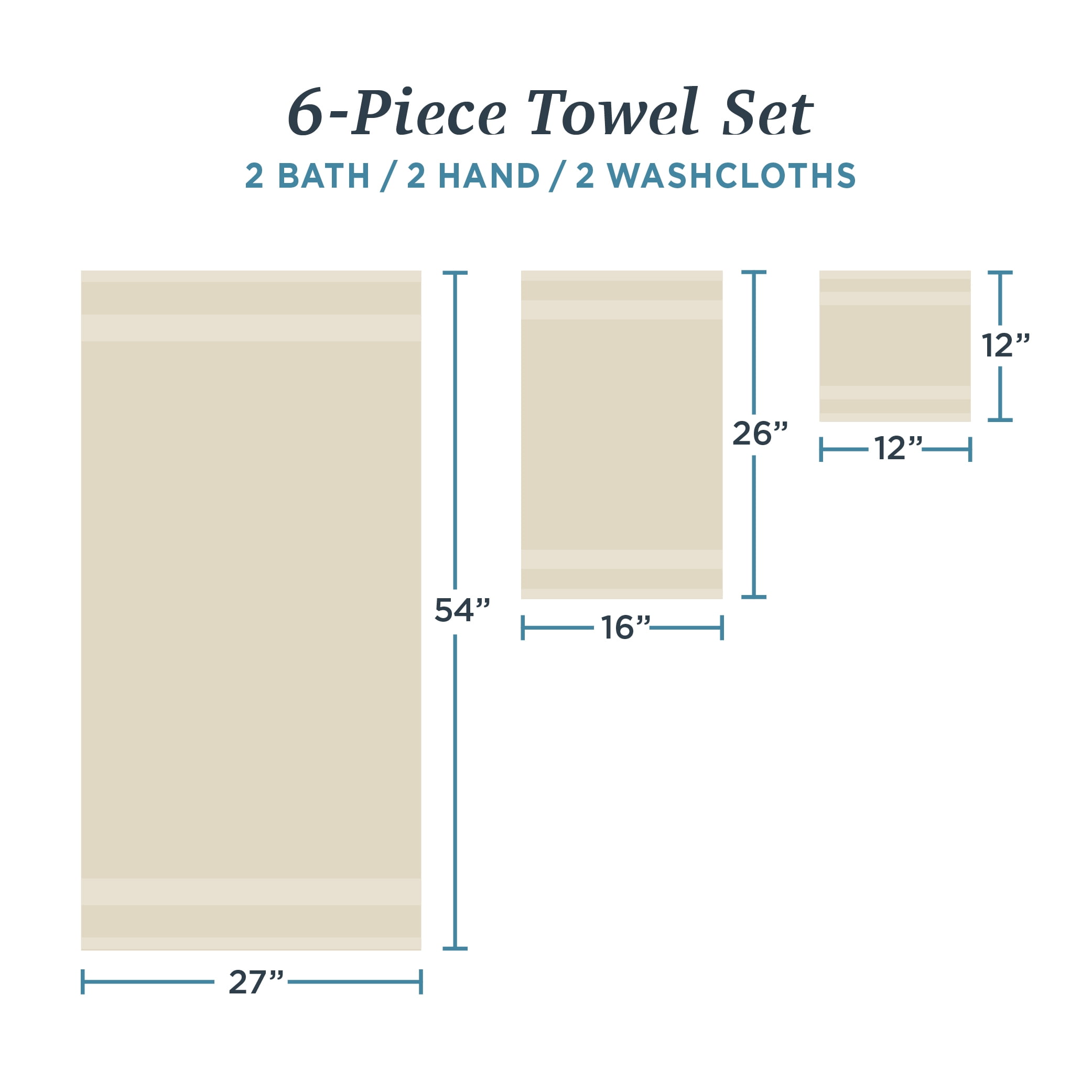 WelHome 6 Piece EVERYDAY USE 100% Cotton Bathroom Towels Set, 450 GSM, 2 Bath towels 27" x 54", 2 Hand Towels, 2 Washcloths, Soft Lightweight, Hotels, Spa and Gym – Brown Rice
