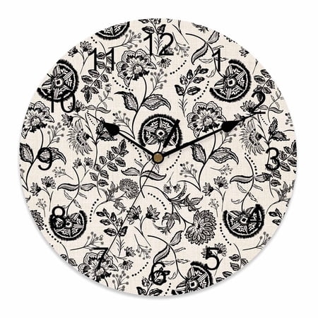 Wall Clock 10 Inch Black Chinoiserie Floral Round Silent Decorative Wall Clocks Battery Operated for Living Room Bedroom Kitchen Classroom Decor, Vintage Farmhouse Cottagecore,Small
