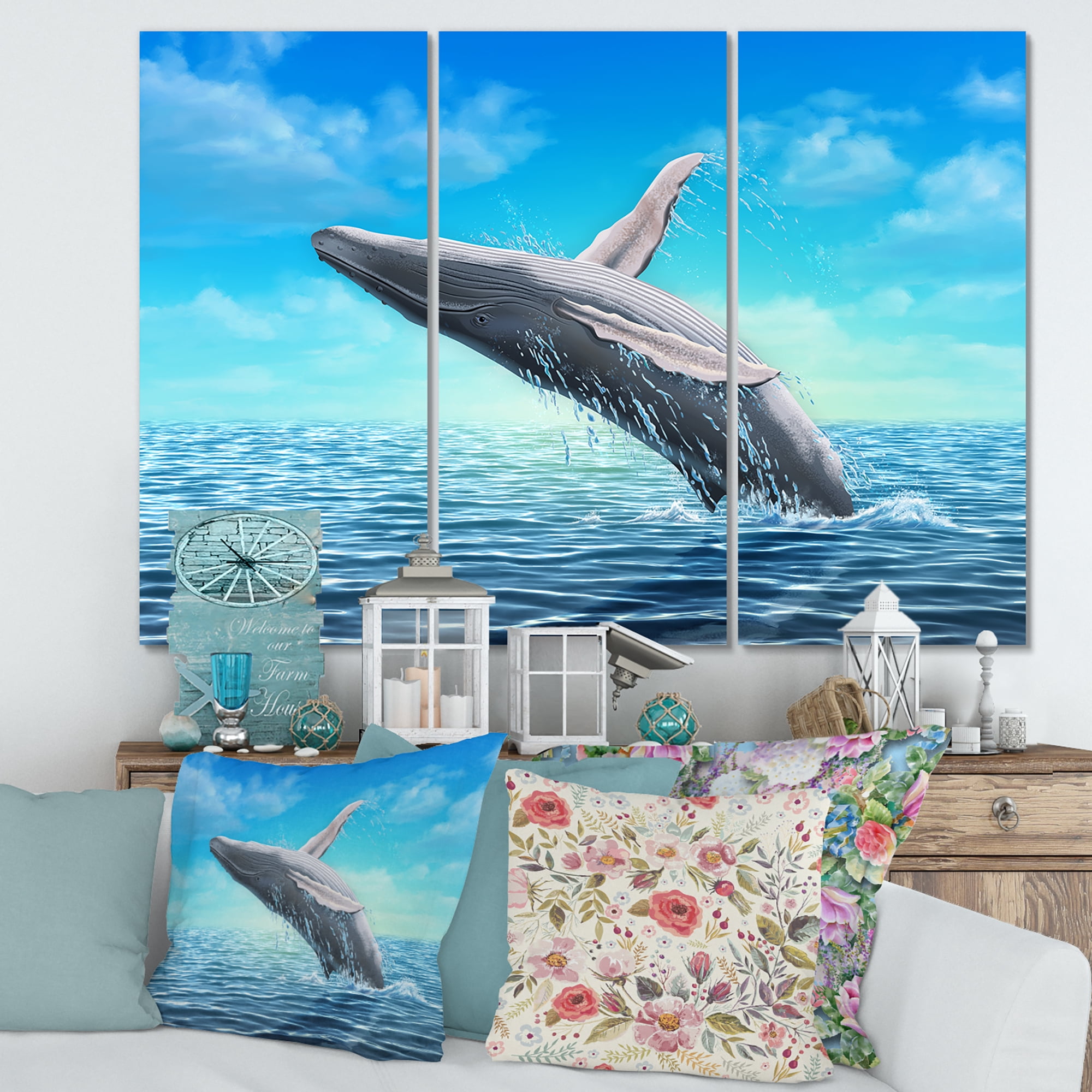 Designart ' Humpback Whale Jumping Out of Sea ' Farmhouse Canvas Wall Art Print