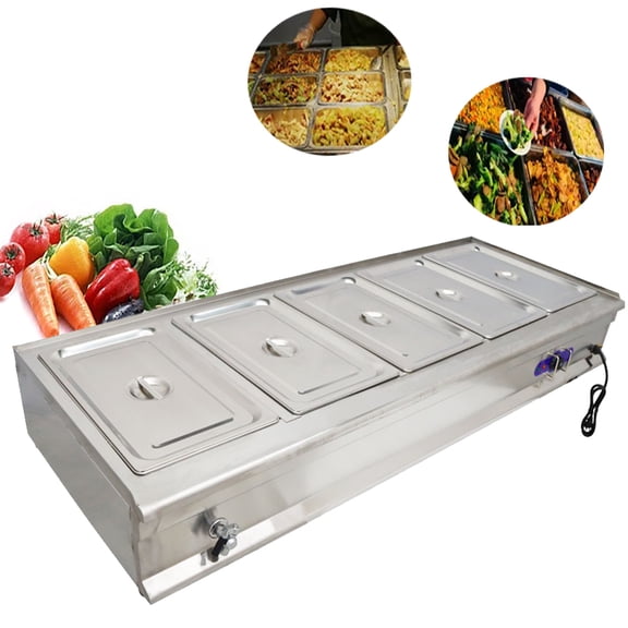 TECHTONGDA Buffet Food Warmer Five Full Size Pan Bain-Marie Canteen Steam Heater Stainless Steel