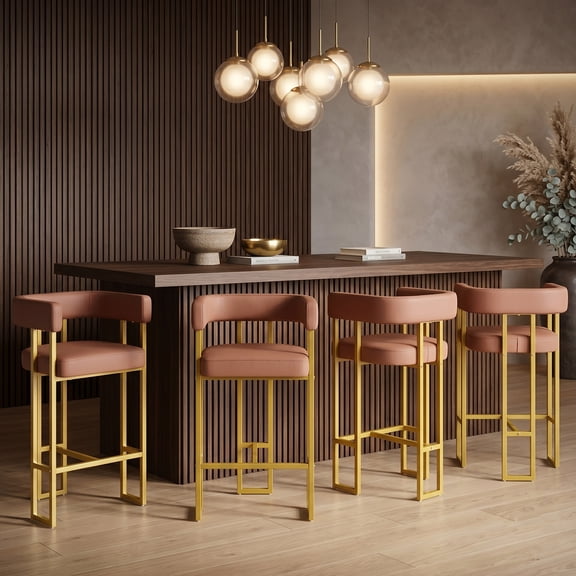 Bar Stools Set of 4, 26" Counter Height, Pink PU Leather & Gold Metal Frame with Backrest & Footrest for Kitchen Island