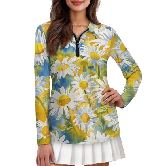 Uorisanigo White Daisy Womens Golf Shirt with Zipper Stylish Relaxed Women's Long Sleeve Athletic Shirts Quick Dry Comfortable Long Sleeve Workout Tops