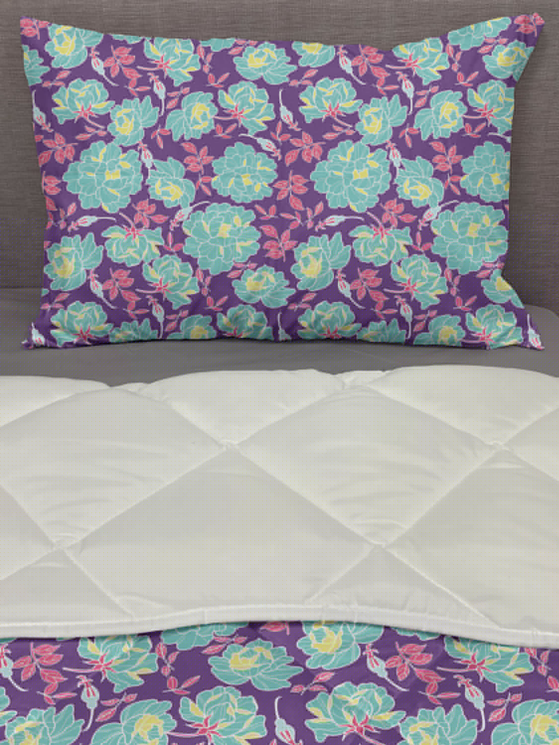 thumbnail image 3 of Floral Comforter & Sham Bedding Set, Feminine Composition of Peonies, 3 pcs Duvet Set Microfiber Filling Quilt, 5 Sizes, Seafoam Violet, by Ambesonne, 3 of 4