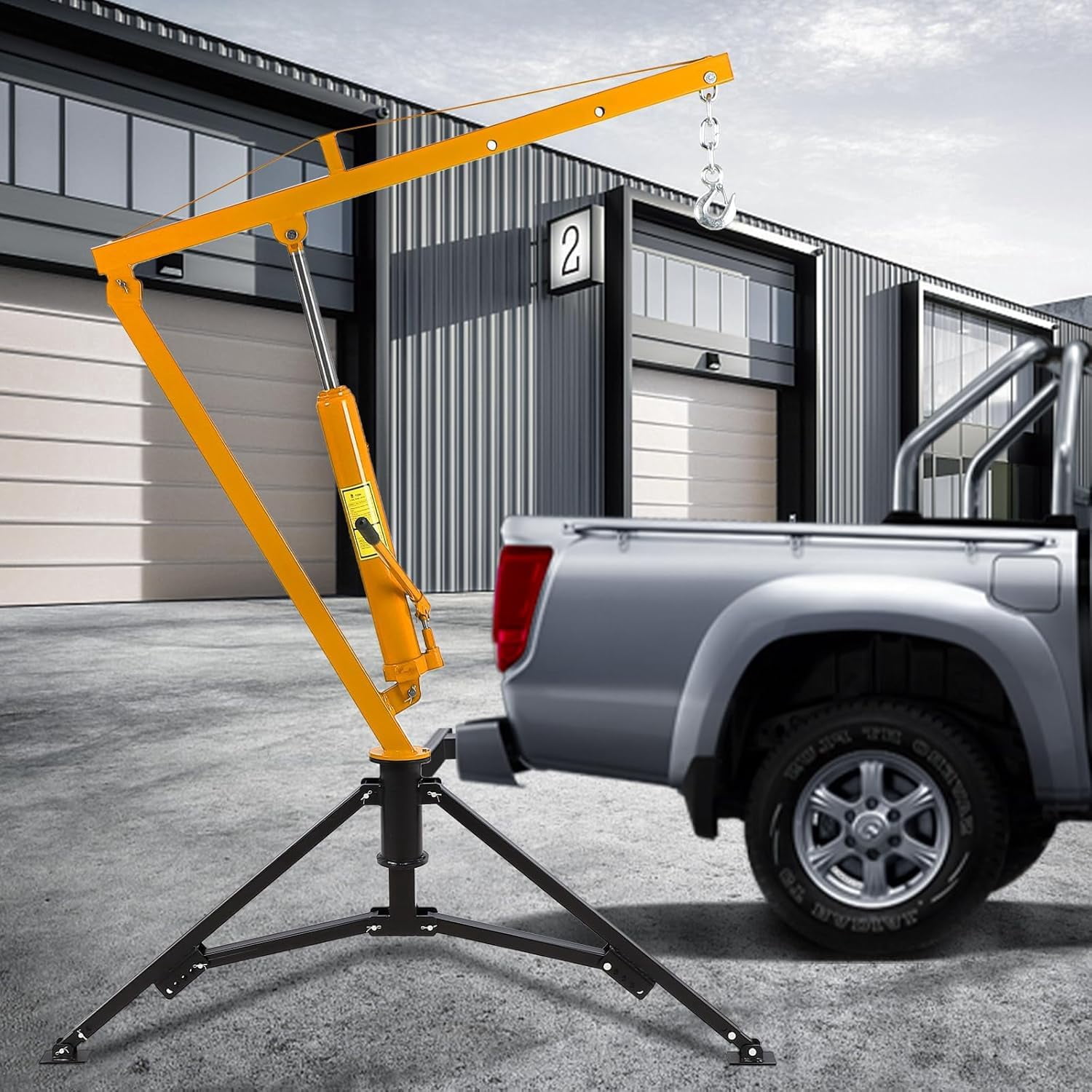 Hydraulic Pickup Truck Crane 1000 Lbs Capacity, 360°Swivel, Hitch Mounted Crane with 3 Adjustable Capacities of 500 Lbs, 750 Lbs and 1000 Lbs for Lifting Goods in Construction, Yellow